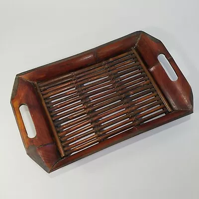Bamboo Tray Vintage Slotted Handles Stained Red/Brown 18  X 11  Wood • $12.65