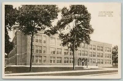 Monroe MI Trio Of Tall Trees~Triple Arch Doors~Jr & Sr High School RPPC 1940s PC • $5.50