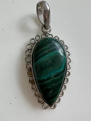 Vintage Malachite Pendant Silver Large Statement Green Stone Real Gemstone • £18