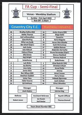 COVENTRY CITY V MANCHESTER UNITED 21.04.24 FA CUP SEMI-FINAL TEAM SHEET • £2.99