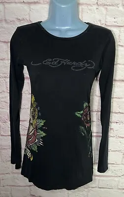 Ed Hardy Shirt Women's Small Black Long Sleeve USA Y2K Tattoo • $21.95