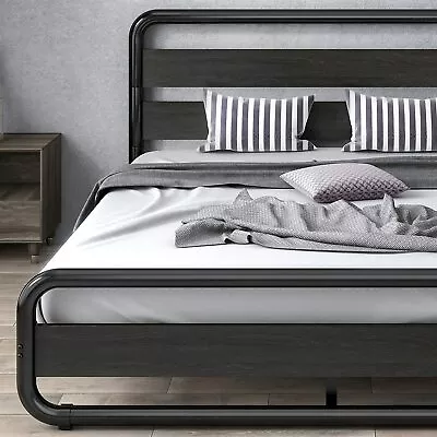 King Size Heavy Duty Metal Bed Frame With Wooden Headboard & Footboard Black • $242.99