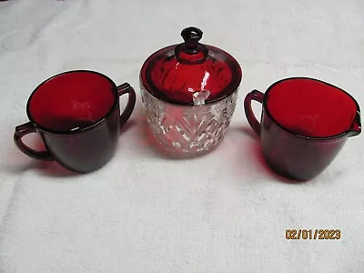 Anchor Hocking Fire King Ruby Red Creamer Sugar Jam Jelly Jar W/plastic Spoon • $14.99