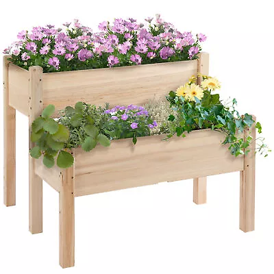 Outsunny 2-Piece Solid Fir Wood Plant Raised Bed  Garden Step Planter Stand • £68.99