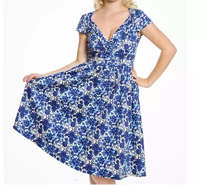 Lindy Bop Dress Blue Floral Print Vintage Cotton Summer BNWT Size 20 RRP 42 • $18.65