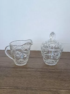 Vintage Crystal Cut Clear Glass Sugar Bowl With Lid And Creamer • $15