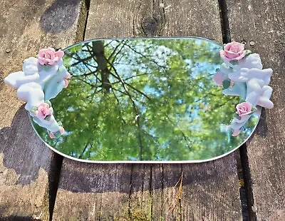 Beautiful Vintage Mirrored Vanity Tray W/ Raised Porcelain Cherubs Holding Roses • $32