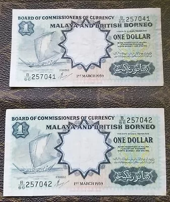 Malaya & British Borneo CONSECUTIVE 1959 Dollar Banknotes - 2 - B/66 257041 & 2 • $34.99