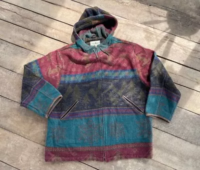 Vintage LL Bean Wool Blanket Coat Jacket  Navajo Aztec Hippy Hood Full Zip L XL • £75