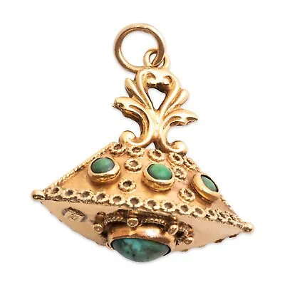 Large Vintage Italy 18k* Yellow Gold Green Turquoise Etruscan Revival Pendant • $919.50