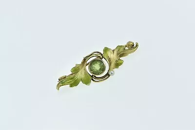 14K Art Nouveau Peridot Pearl Green Enamel Leaf Pin/Brooch Yellow Gold *81 • $299.95