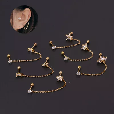 £4.73 • Buy Double Lobe Piercing Earring Chain Studs For Two Holes Silver Golden Pin Jewelry