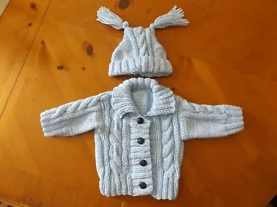 Bn Hand Knitted Baby Boys  Pale Blue  Baby Aran Cardigan With Collar & Hat • £15.99