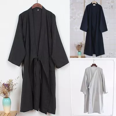 Classic Style Cotton Kimono Yukata Men's Long Bathrobe Pajamas Navy Blue Belted • £24.10