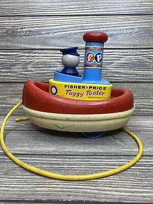 Vintage Fisher Price 1967 Tuggy Rooter Plastic Wooden Tug Boat Pull Toy Red Blue • $14.99