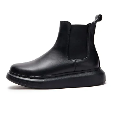 Platform Mid Heel Western Mens Pull On Chelsea Ankle Boots Real Leather Shoes 44 • $142.19