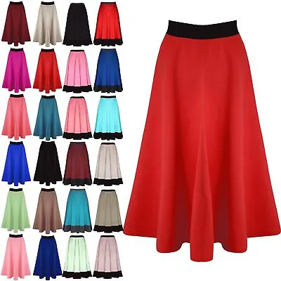 £4.99 • Buy Womens Midi Skirt Ladies Mid Length Stretch Flared Skater Swing Long Scuba Skirt
