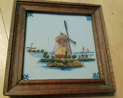 Vintage Framed Royal Delft Makkum Tichelaar Windmill Tile Hand Painted Windmill • $20