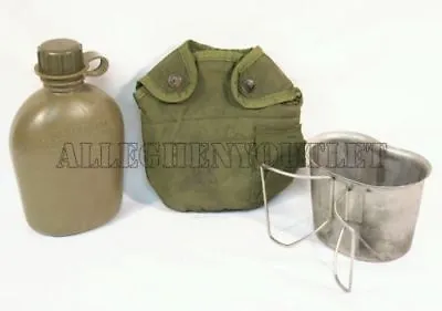 US Military NEW 1 QT OD PLASTIC CANTEEN  & USED COVER W/ BRAND NEW STAINLESS CUP • $13.90