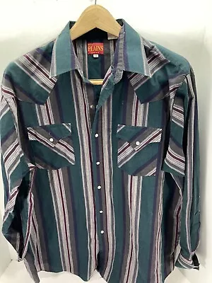 Plains Western Pearl Snap Shirt Men Size XL Green Stripe Long Sleeve Vintage • $22.95