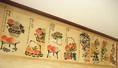 Chinese Long Scroll Painting Chrysanthemum And Longevity Peach By Qi Baishi 齐白石 • $168