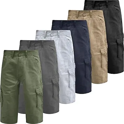 Mens Cargo Shorts 3/4 Combat Chino Utility Pants 100% Cotton Work Long Length • £11.99