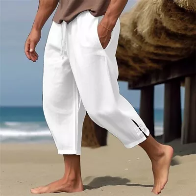 Mens Casual Cotton Linen Baggy Trousers Wide Leg Elastic Waist Loose Harem Pants • $18.42