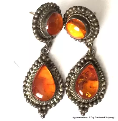 WOW Vtg Earrings MARKED 925 STERLING SILVER Pierced Dangle Baltic Amber Lot Y • $2.25