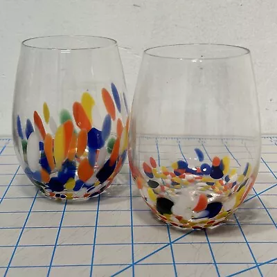 Confetti Hand Blown Stemless Wine Glass Set Of 2 Glasses Multi Color Dots Art • $19.99