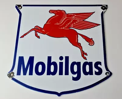 Vintage Mobilgas Sign - Porcelain Mobil Gasoline Pegasus Shield Gas Pump Sign • $150.57