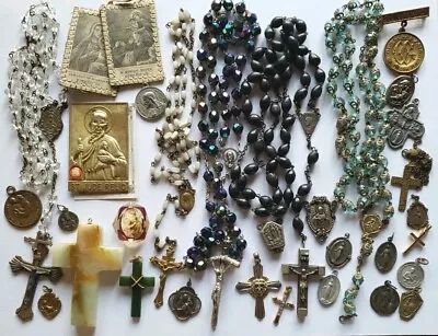 Vtg Rosary Beads Lot Repair Parts Blue Capped Carnival Glass Medals Crucifixes  • $56