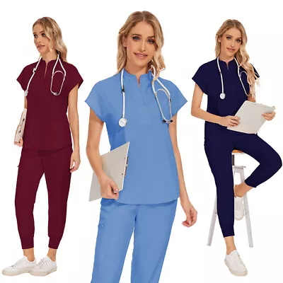 Summer Stretch Women Scrub Sets Jogger Drawstring Pants Nurse Uniform Medical • $18.19