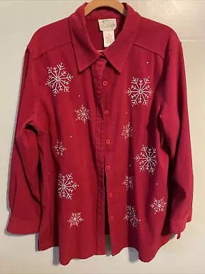 Quacker Factory Women's Long Sleeve Button Up Shirt Red Embroidered Snowflake 1X • $20