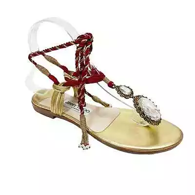 JIMMY CHOO Egyptian Gold Nappa Leather Thong Sandals Size EU 36 1/2 • $399