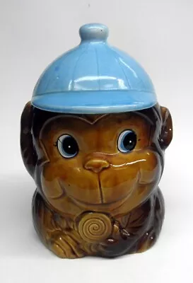 Vintage Whimsical Ceramic Cookie Biscuit Jar Monkey With Blue Hat 1960s Japan • $35