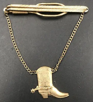 $11.99 • Buy Vintage Gold Tone Cowboy Western Boot W/ Spurs Hanging Chain Tie Clip Bar 2.25 