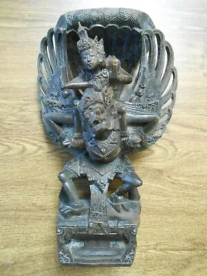 Antique Hindu Balinese Lord Vishnu Riding Garuda Carved Wood Statue 12.25  By 8  • $149