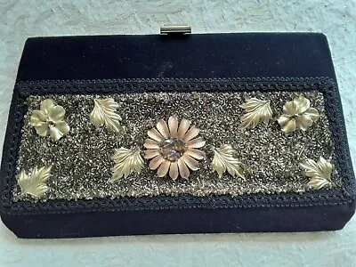 Caron Houston Texas Vtg Hand Decorated Clutch Purse Black W Gold Beads Flowers • $28.50