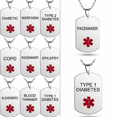 Medical Alert Necklace Dog Tag Diabetes COPD Epilepsy Diabetic Stainless Steel • £3.97