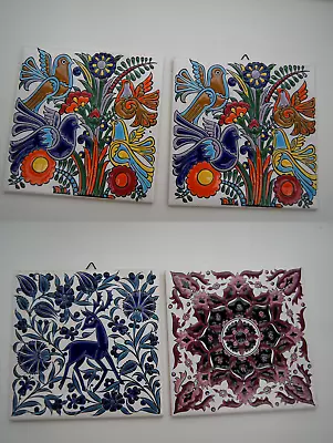 4 Vintage Hand Painted Tiles From Rhodes Greece  Deer Floral Bird Designs • £26.50