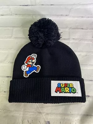 Nintendo Super Mario Bros Embroidered Logo Black Knit Cuff Pom Beanie Hat Adult • $22.49