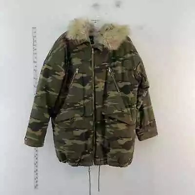 Zara Trafaluc Green Camo Faux Fur Hooded Women's Overcoat Coat - Size M • $58.50