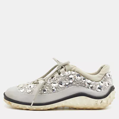 Miu Miu Grey Satin And Stretch Fabric Astro Crystal Embellished Sneakers • $150.15