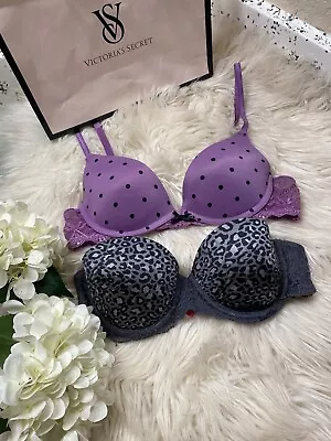 Victoria's Secret PINK Lot Of 2 Bra 34 A Push Up Purple Gray Animals Polka Dots • $20