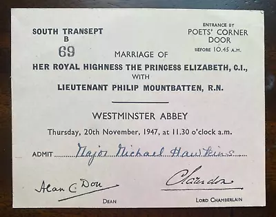 Antique Royal Ticket Wedding Queen Elizabeth II Prince Philip Mountbatten 1947 • £23