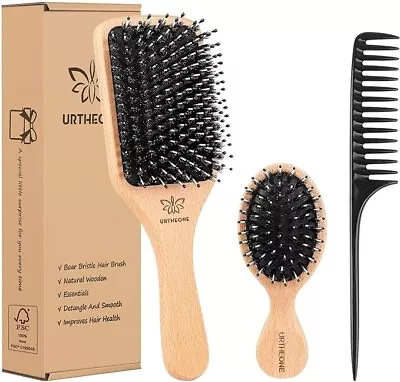 Boar Bristle Hair Brush And Comb Set For Women Men Kids Best Natural Wooden New • £9.49