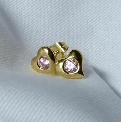 LOVELY HEART SHAPED 14ct GOLD FILLED STUD EARRINGS PINK CZ WOMENS GIRL  BE759 • £14