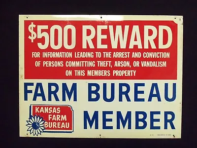 Vintage Kansas Sign Farm Bureau $500 Reward Insurance Security Property Warning • $79.60