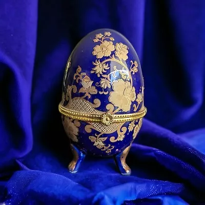  Vtg. Blue & Gold Hand Painted Egg Trinket Box Cobalt Blue And Gold Floral  • $22