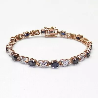 Vintage 925 Sterling Silver Gold Vermeil Dark Blue Stone Tennis Bracelet 6.75in • $78.40